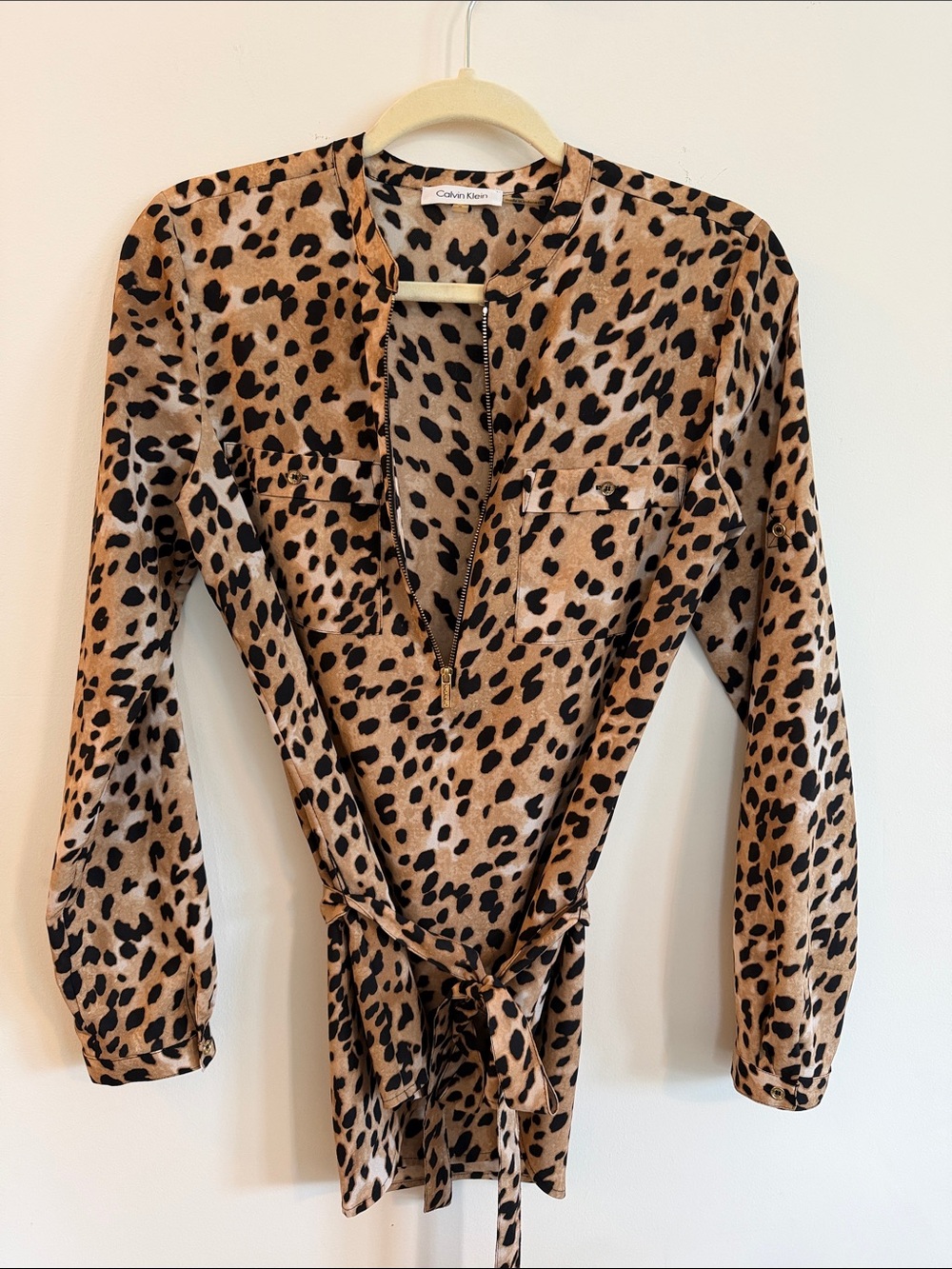 Calvin Klein Leopard-Print Tie-Waist Tunic - Tan & Black